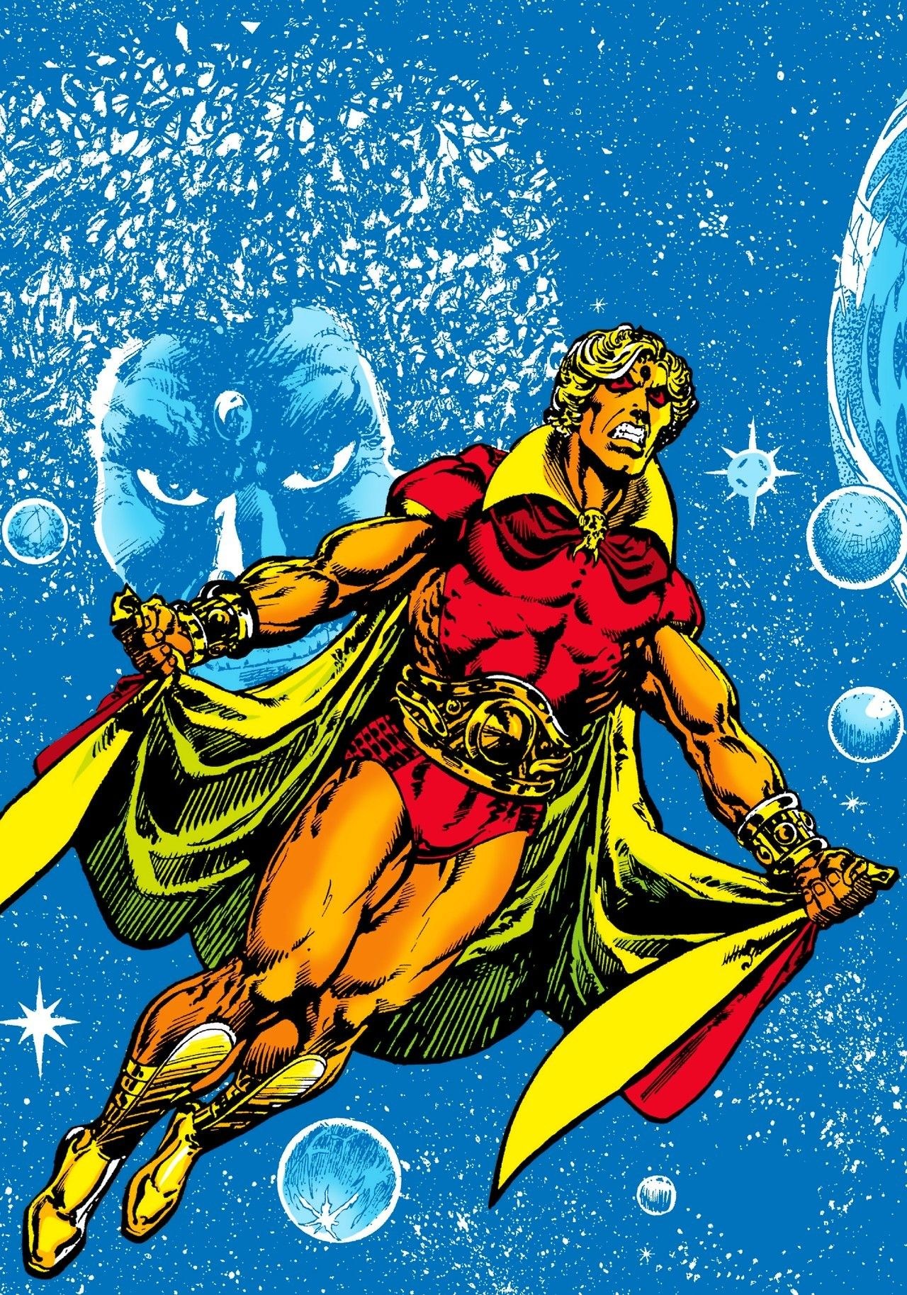 Adam Warlock in red and gold among the stars comic art