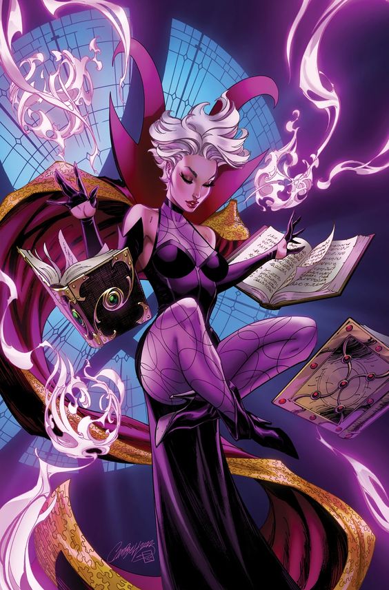 Agatha Harkness in purple casting spells among floating grimoires, comic art