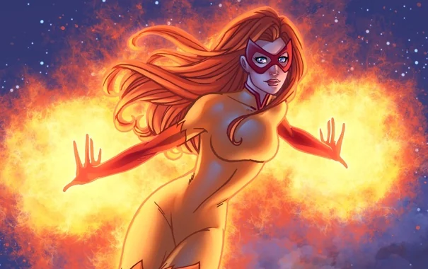 Firestar wreathed in flame, red hair and yellow costume, comic art