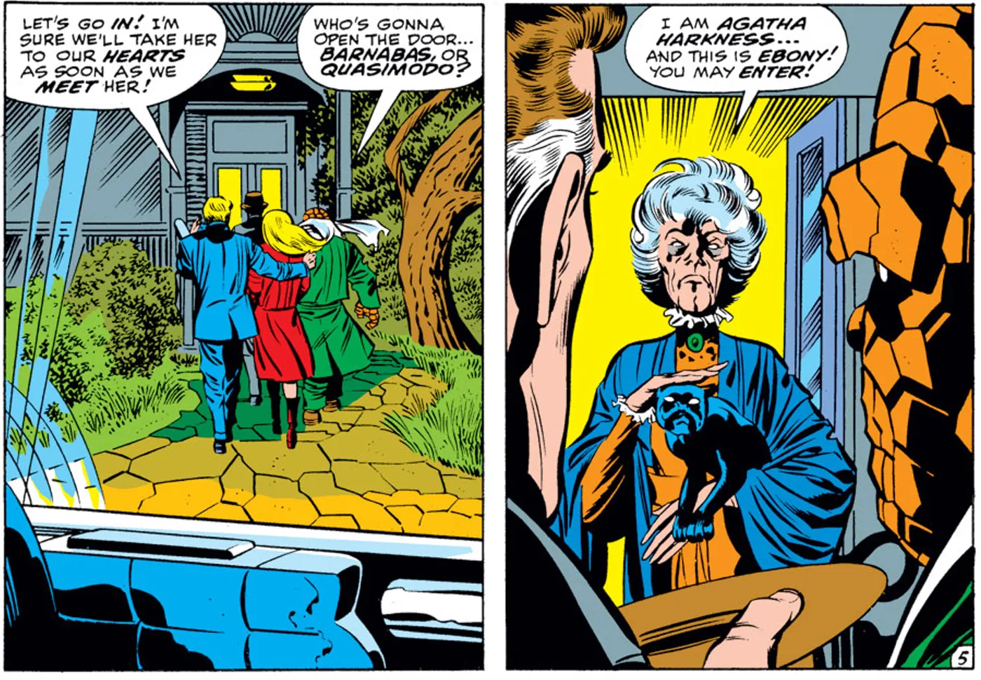 Comic panels of Agatha Harkness at her Whisper Hill doorway holding her black cat Ebony, meeting the Fantastic Four