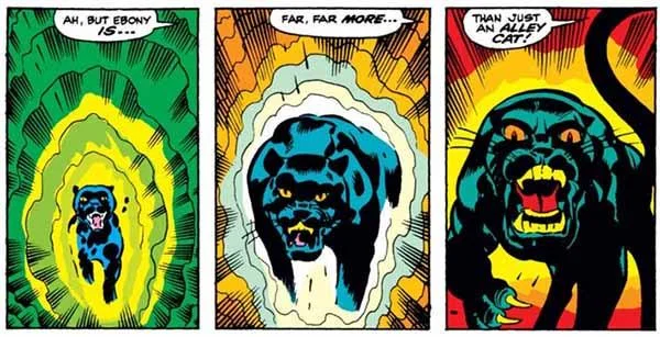 Comic panels of Ebony the black cat transforming into a huge snarling black panther