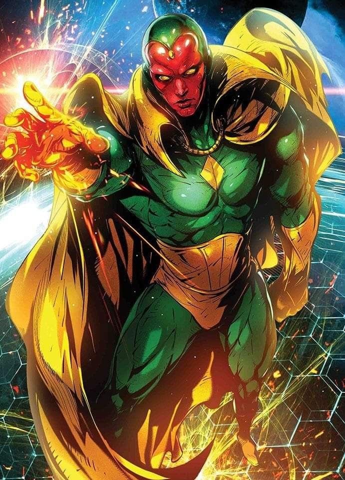 Vision in green and gold with red face and solar gem, reaching forward, comic art