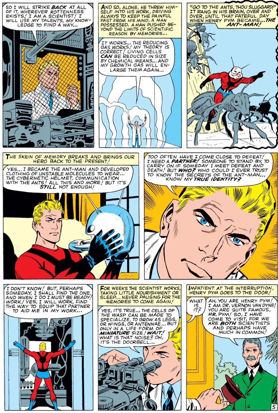 Golden Age comic page of Henry Pym in his lab, his reducing gas, and Ant-Man riding an ant, comic panels