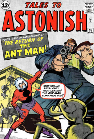 Cover of Tales to Astonish #35 showing Ant-Man commanding giant ants against a gunman, comic cover