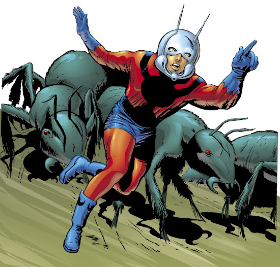 Ant-Man in red and blue with silver helmet running alongside a column of giant ants, comic art