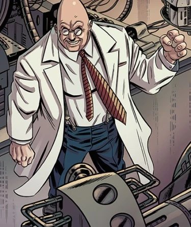 Egghead in a white lab coat, bald with a tall egg-shaped head and round glasses, comic art