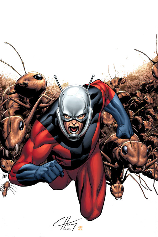 Ant-Man charging forward at the head of a swarm of giant ants, comic art