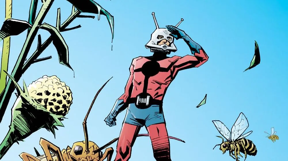 Hank Pym as Ant-Man in red and black costume with helmet, comic art