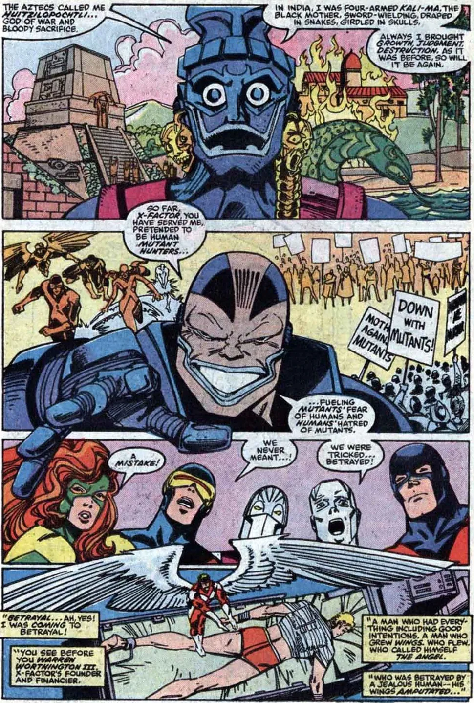 Apocalypse lecturing X-Factor on his millennia as a worshipped god, from 'The Aztecs called me Huitzilopochtli...'