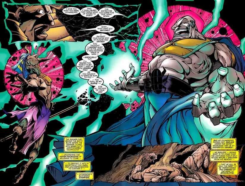 Comic panel of Apocalypse recounting his Celestial-technology transformation