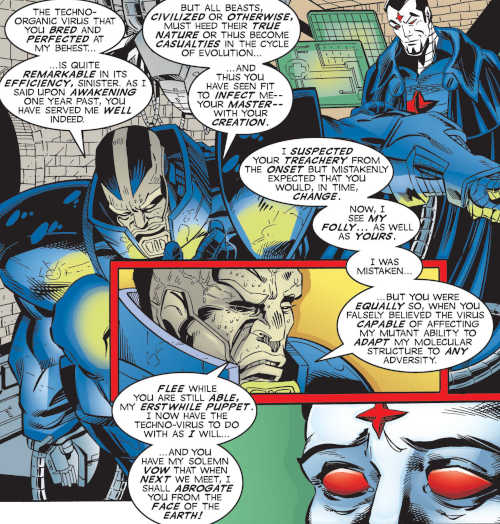 Mister Sinister, pale and red-eyed, in his high-collared cape