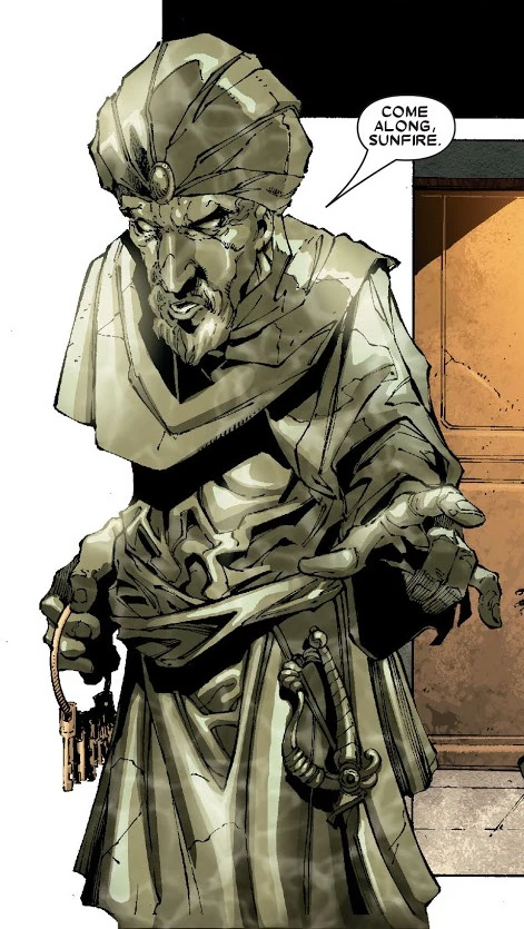 Ozymandias in his living stone form, comic panel