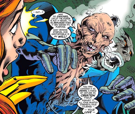 Apocalypse's withered, armourless body speaking to Jean Grey, comic panel