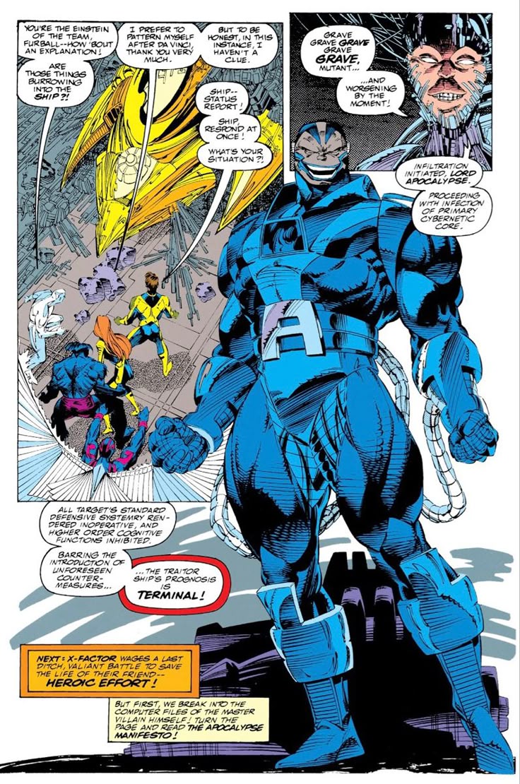 Classic comic page of Apocalypse in blue Celestial armour grinning before X-Factor and his Ship, comic art