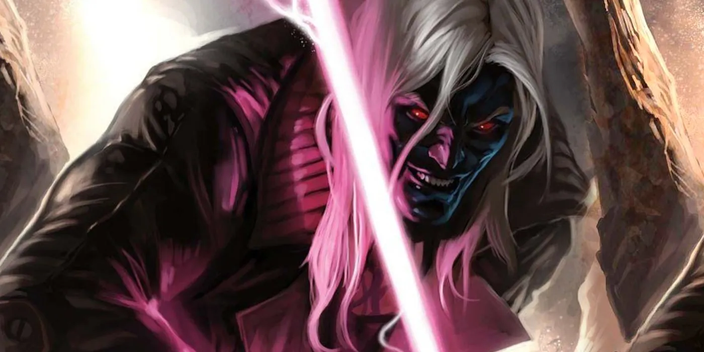Gambit as Horseman of Death with jet-black skin, long white hair and red eyes holding a glowing staff, comic art