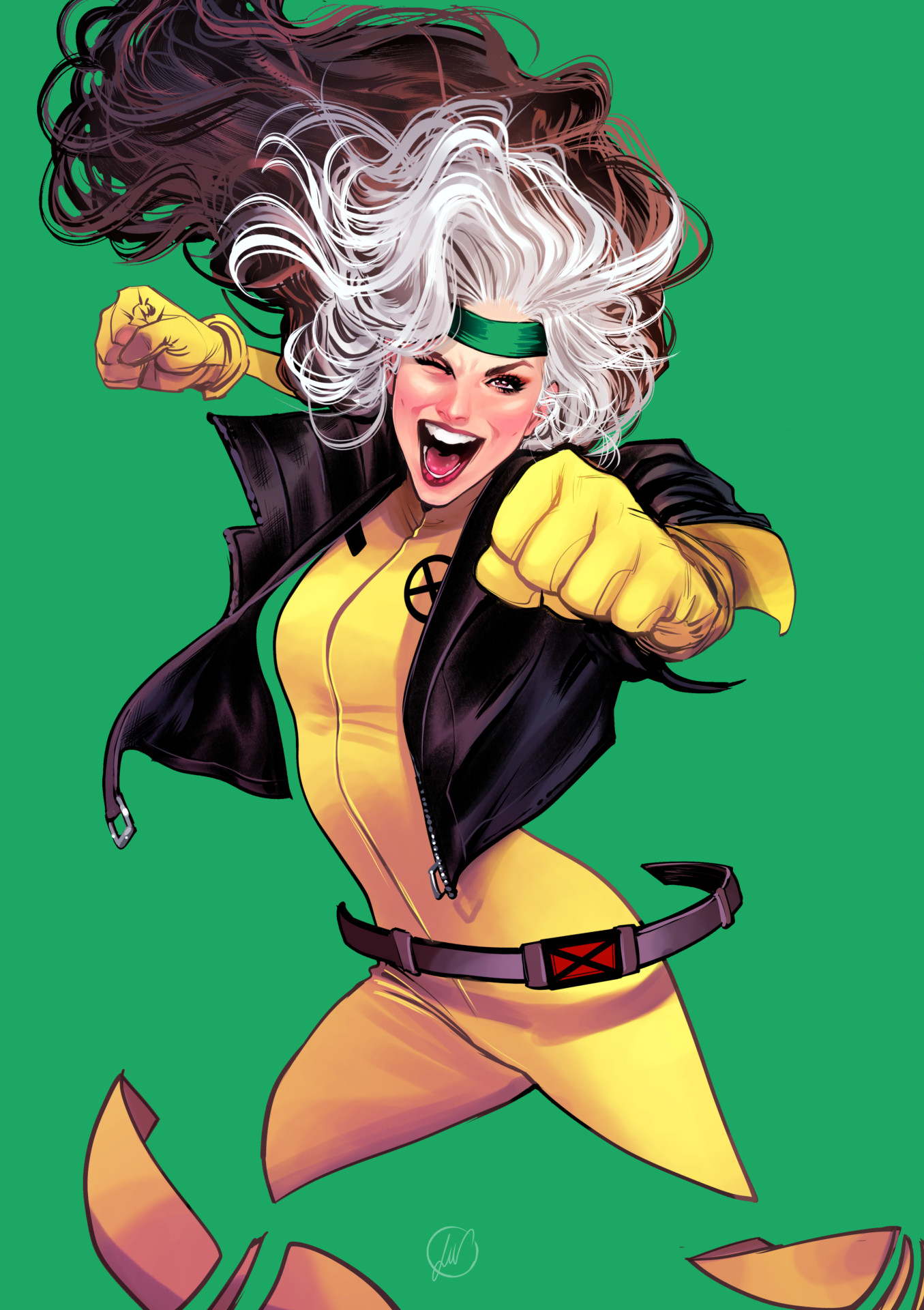 Rogue in yellow and green with white-streaked hair flying forward with fist raised, comic art