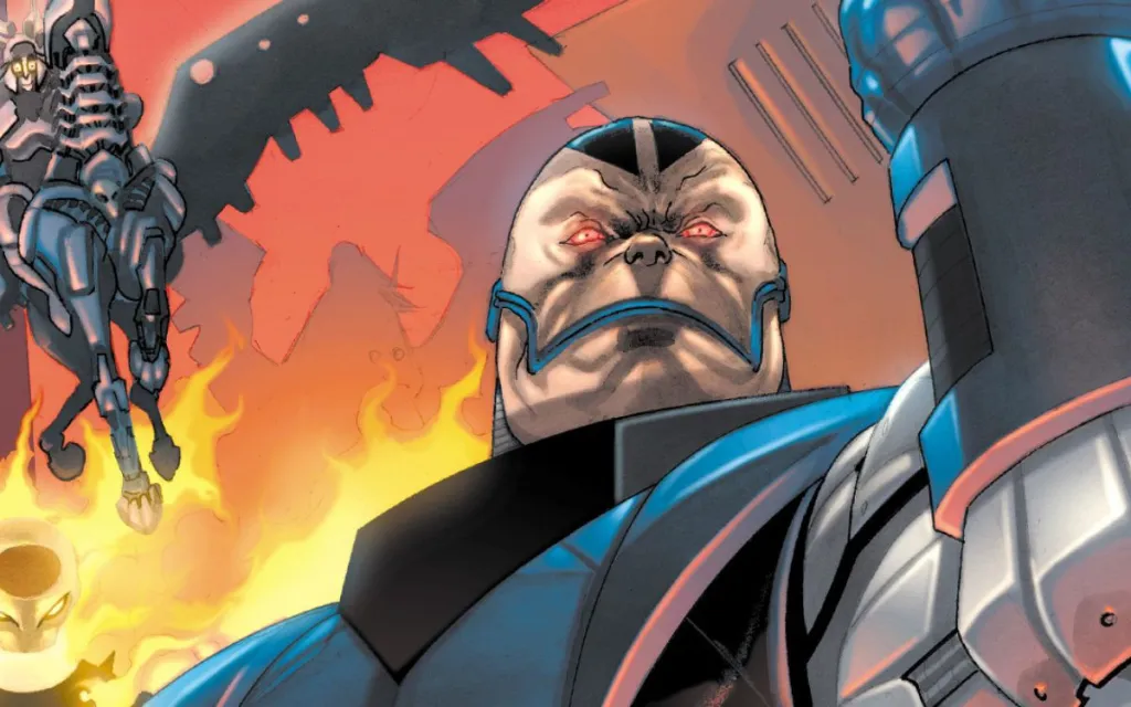 Apocalypse, blue-grey giant in Celestial armour, comic art