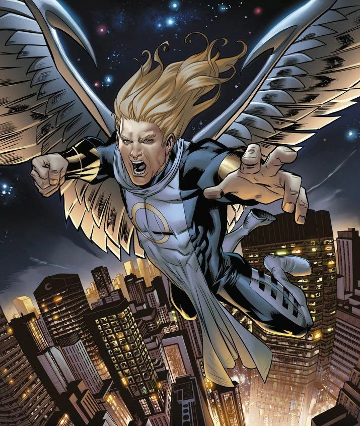Archangel with large metallic wings, comic art