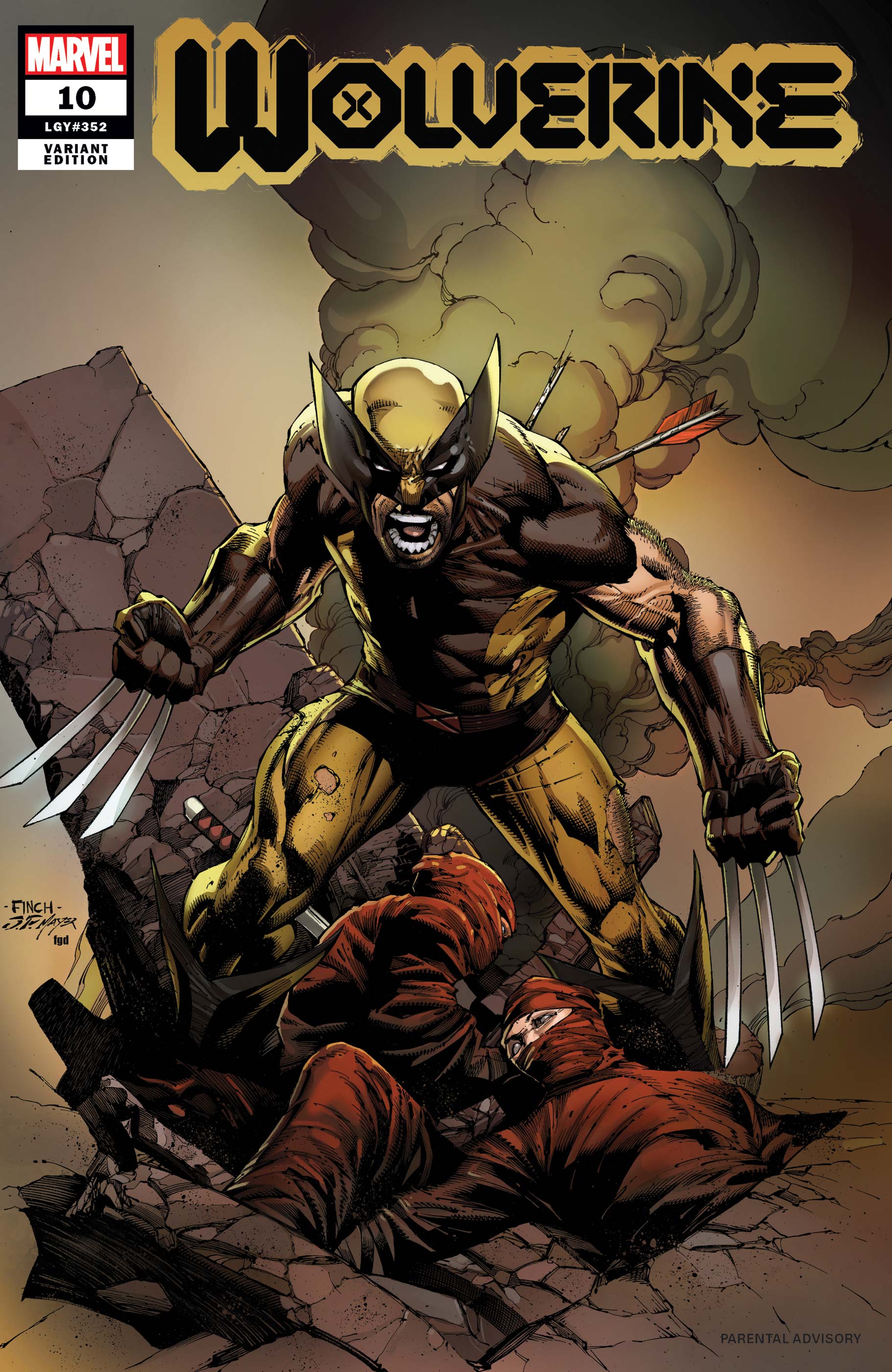 Wolverine in his iconic winged yellow mask, comic cover art