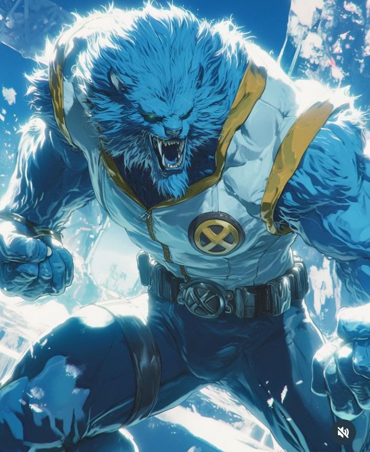 Beast in blue fur roaring, comic art