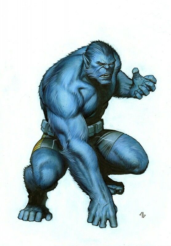 Beast crouched on all fours, blue fur and long arms visible, comic art
