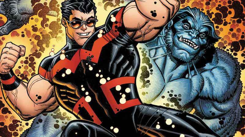 Wonder Man grinning in the foreground with Beast behind him, comic art