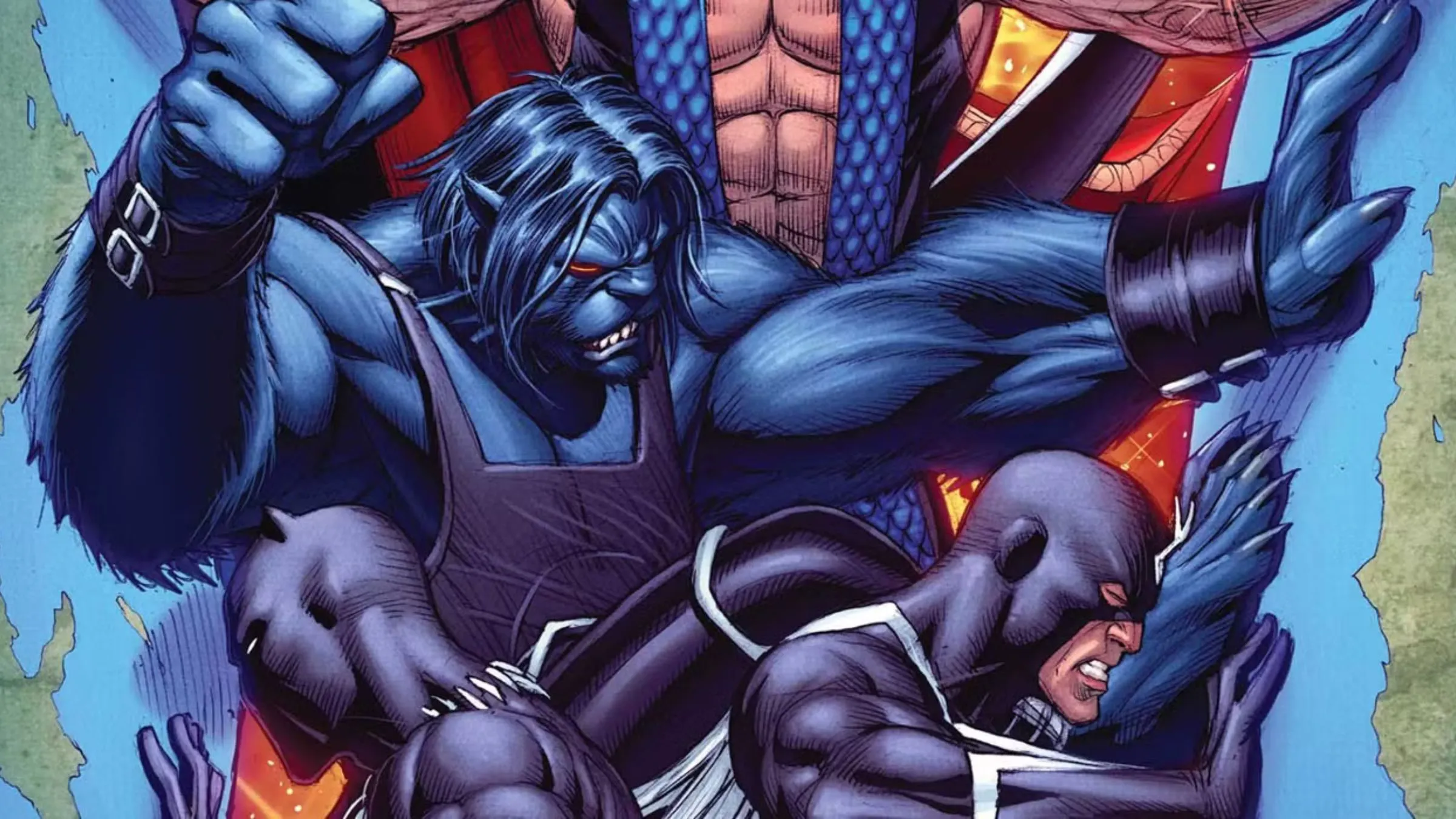 Beast snarling in blue fur alongside Black Bolt of the Illuminati, comic art