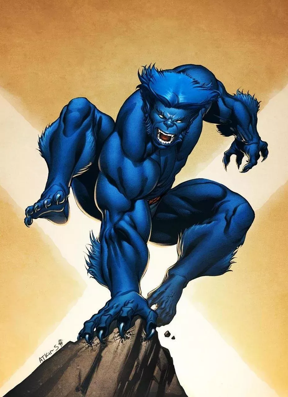 Beast, blue-furred, crouching with large clawed hands and feet, comic art