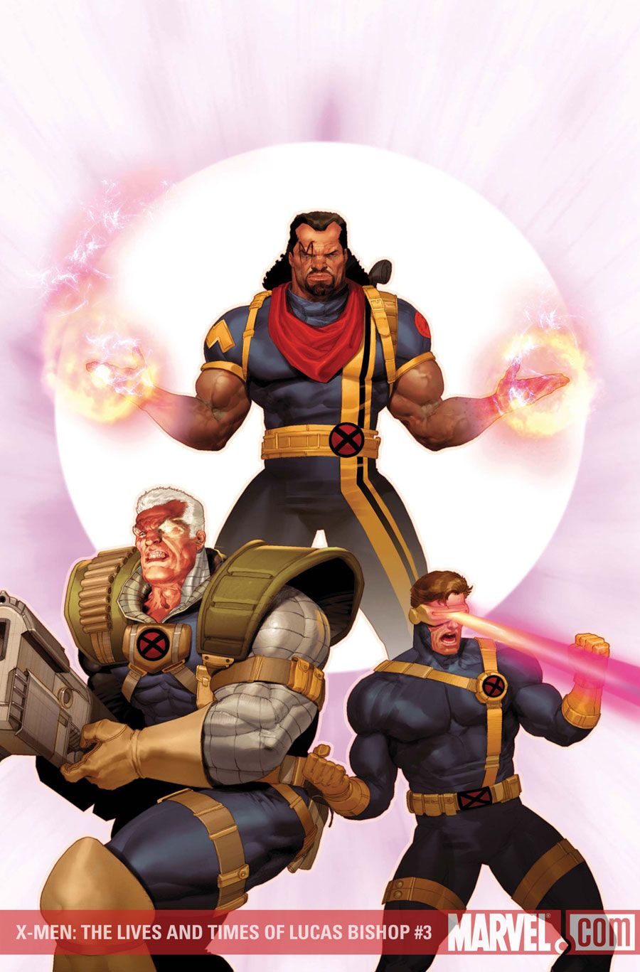 Bishop with energy-charged hands above Cable and Cyclops, comic cover