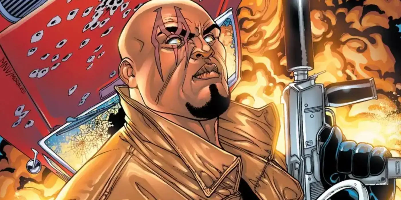 Bishop close-up with the M mark over his eye, holding a large gun, comic art