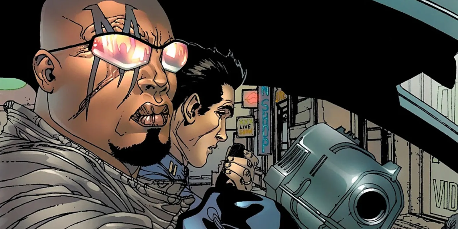 Bishop in reflective glasses beside Officer Ismael Ortega in a patrol car, comic art