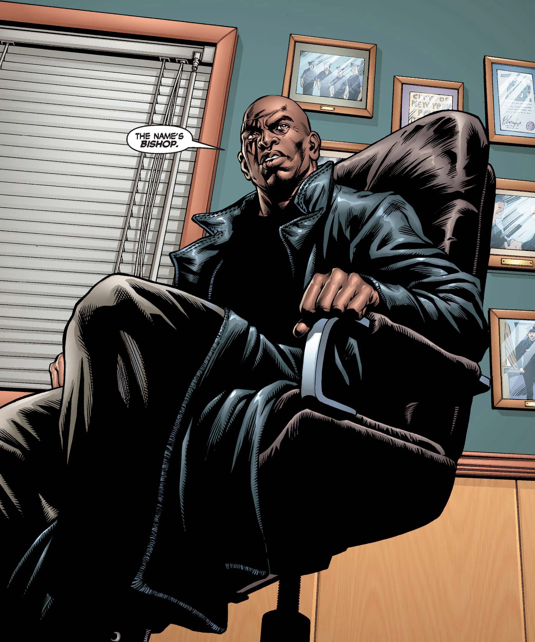 Bishop seated in a precinct office, comic panel