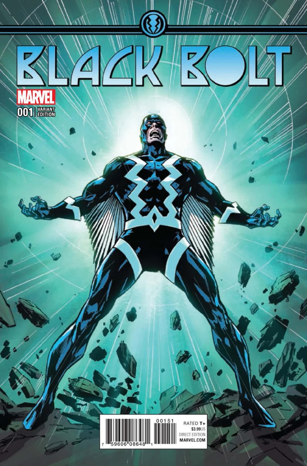 Black Bolt comic cover art with tuning fork crest