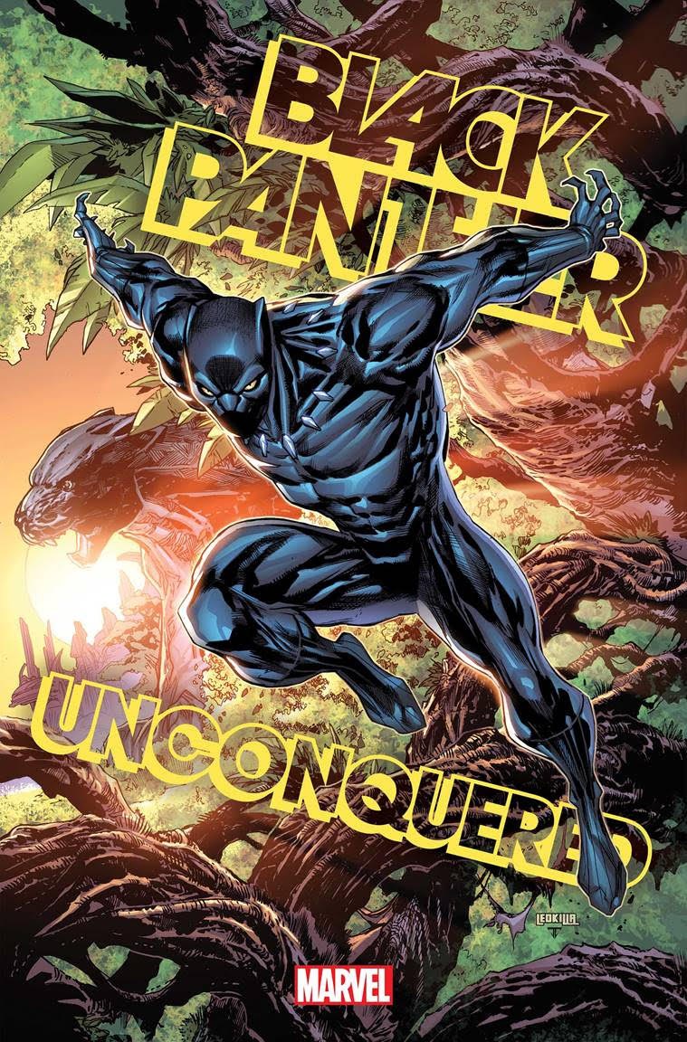 Black Panther leaping through the Wakandan jungle