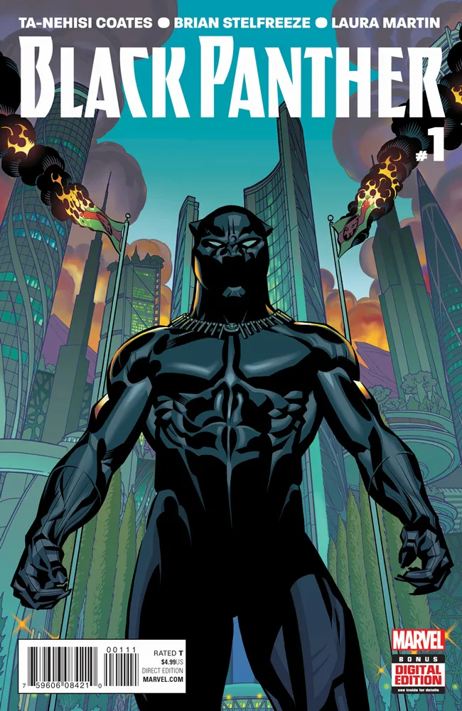 Black Panther in full black costume on a comic cover