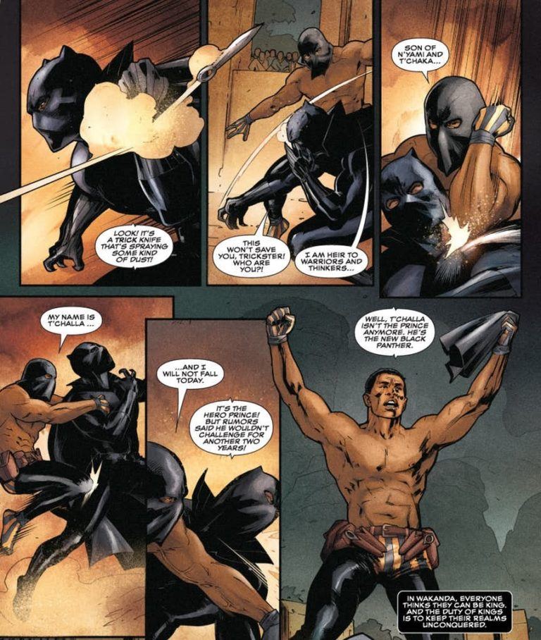 Rise of the Black Panther comic panels with unmasked T'Challa