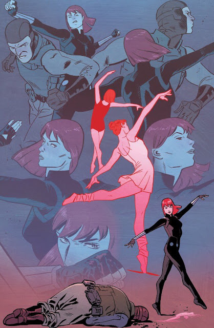 Natasha Romanoff shown as a young ballerina in a pink leotard, surrounded by images of her life as a spy, comic art