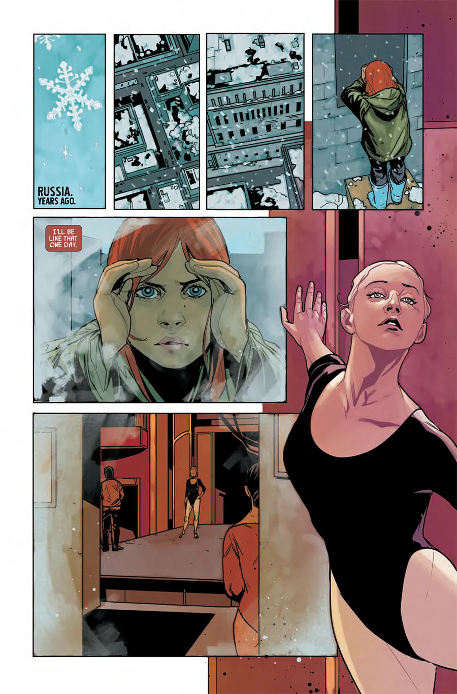 A young red-haired Natasha in Russia watching a ballerina through a window, comic panel