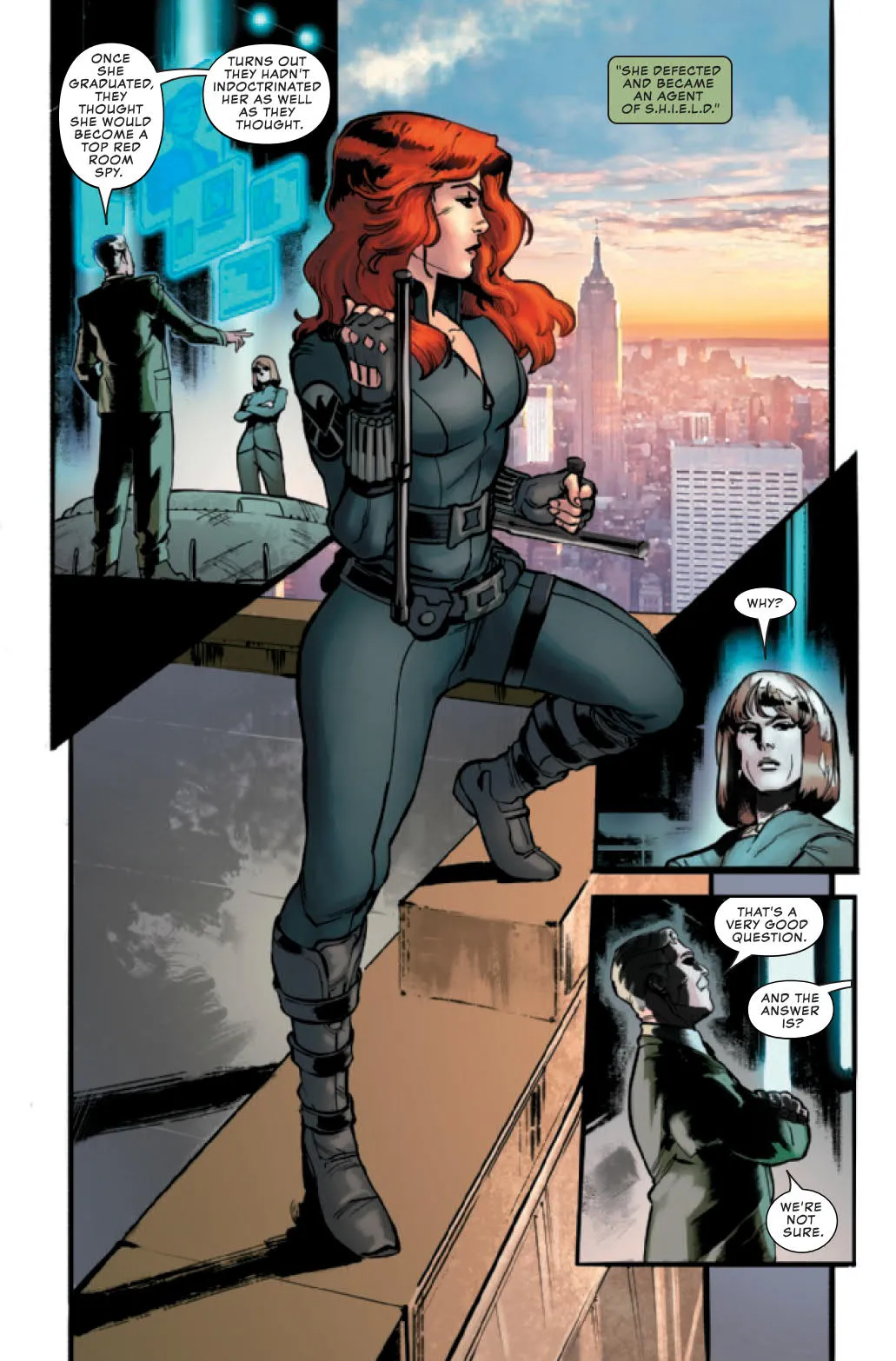 Natasha Romanoff in her spy gear above a city skyline, comic panel