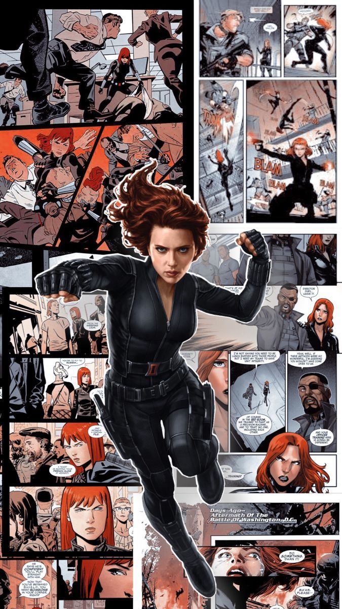 Natasha Romanoff as Black Widow surrounded by panels of her career, comic art