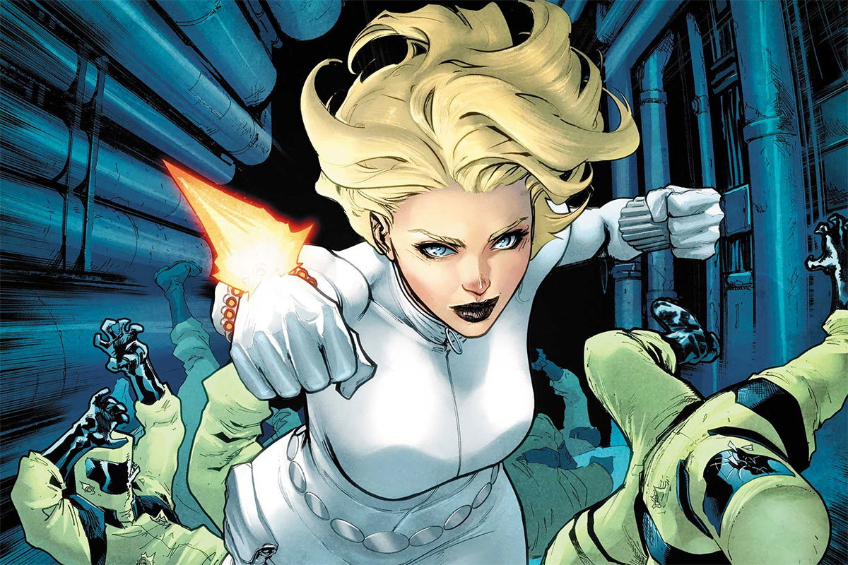 Yelena Belova as Black Widow in a white suit, comic art