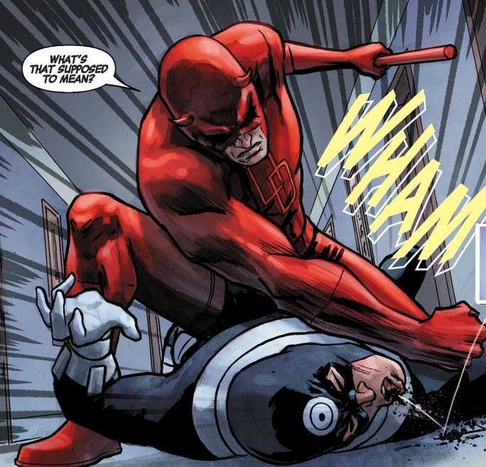Daredevil beating Bullseye in a comic panel