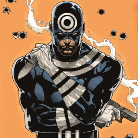 Bullseye in his target costume holding a smoking gun, comic art