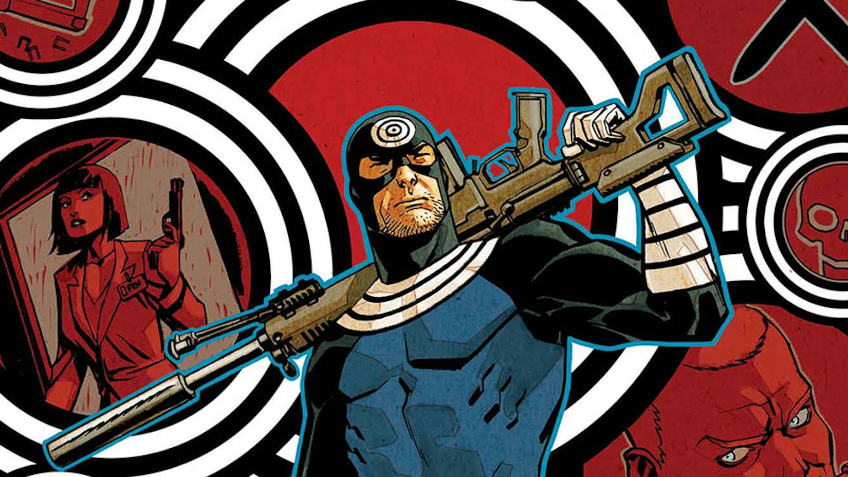 Cover art of Bullseye resting a rifle on his shoulder, comic cover