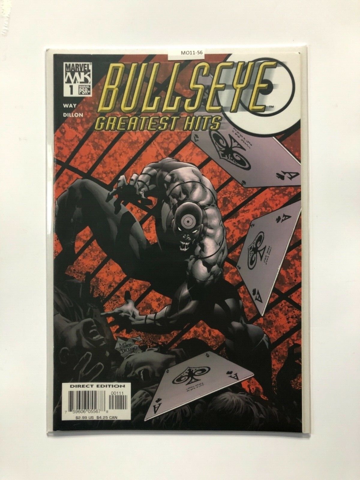 Cover of Bullseye: Greatest Hits #1 showing Bullseye crouching among thrown playing-card aces