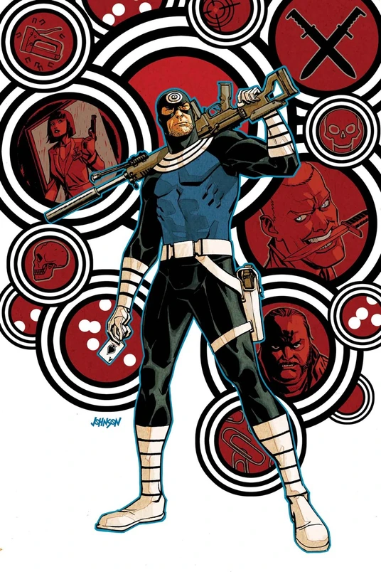 Bullseye holding a rifle and a playing card in front of target motifs, comic cover art