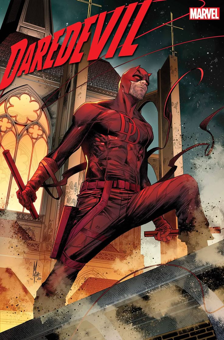 Daredevil in red costume, comic art