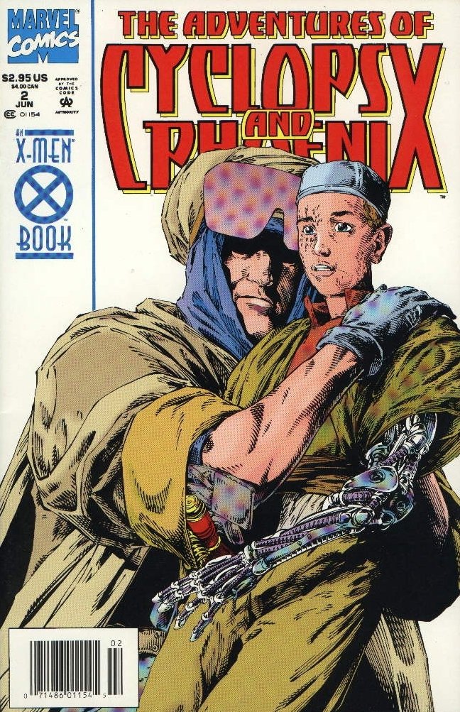 The Adventures of Cyclops and Phoenix #2 (1994) cover: a young Nathan Dayspring with a metal techno-organic arm, held by a cloaked figure in the future
