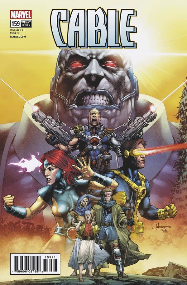 Cable #159 variant cover by Jay Anacleto: Cable with two guns in front of a looming Apocalypse, with Cyclops and other figures below