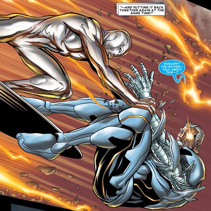 Comic art of Cable battling the Silver Surfer, the climax of the Burnt Offering arc in Cable and Deadpool